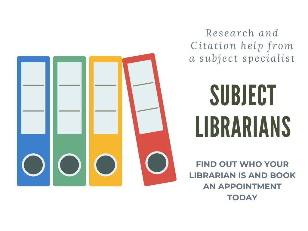A graphic of four books and a prompt to find out more about subject librarians